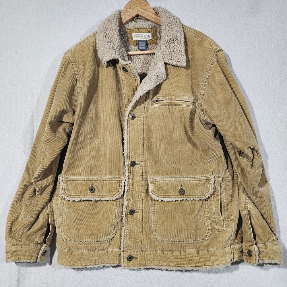 Urban Up Pipeline Mens Small Tan Corduroy Sherpa Lined Trucker Jacket RN 73277